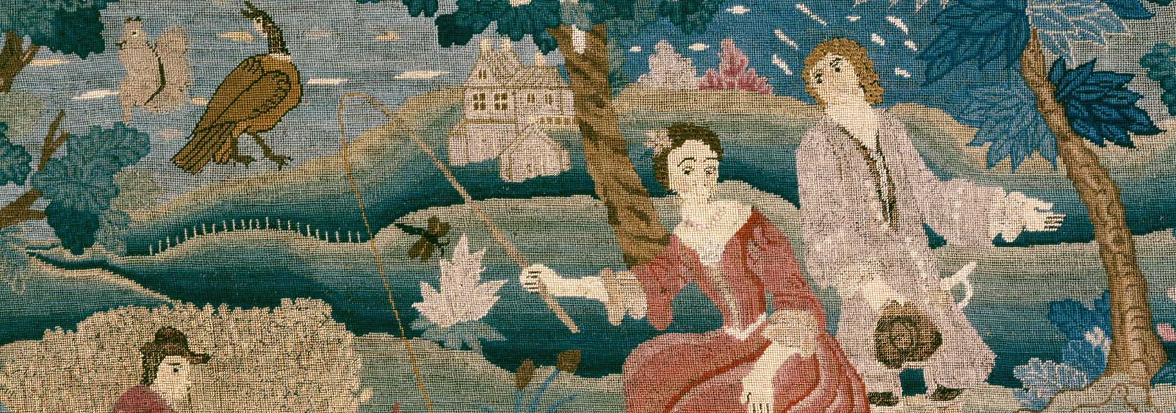 Fishing Lady needlework, detail. Boston, MA, 174550. Historic New