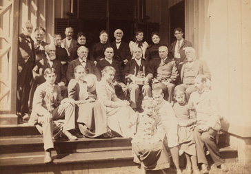 Bowen family on porch of Roseland Cottage, Woodstock, Conn., on the Fourth of July, with President William McKinley.