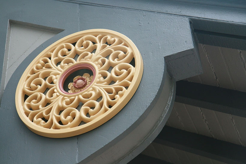 Architectural detail on exterior of historic home in Brookline, Mass.