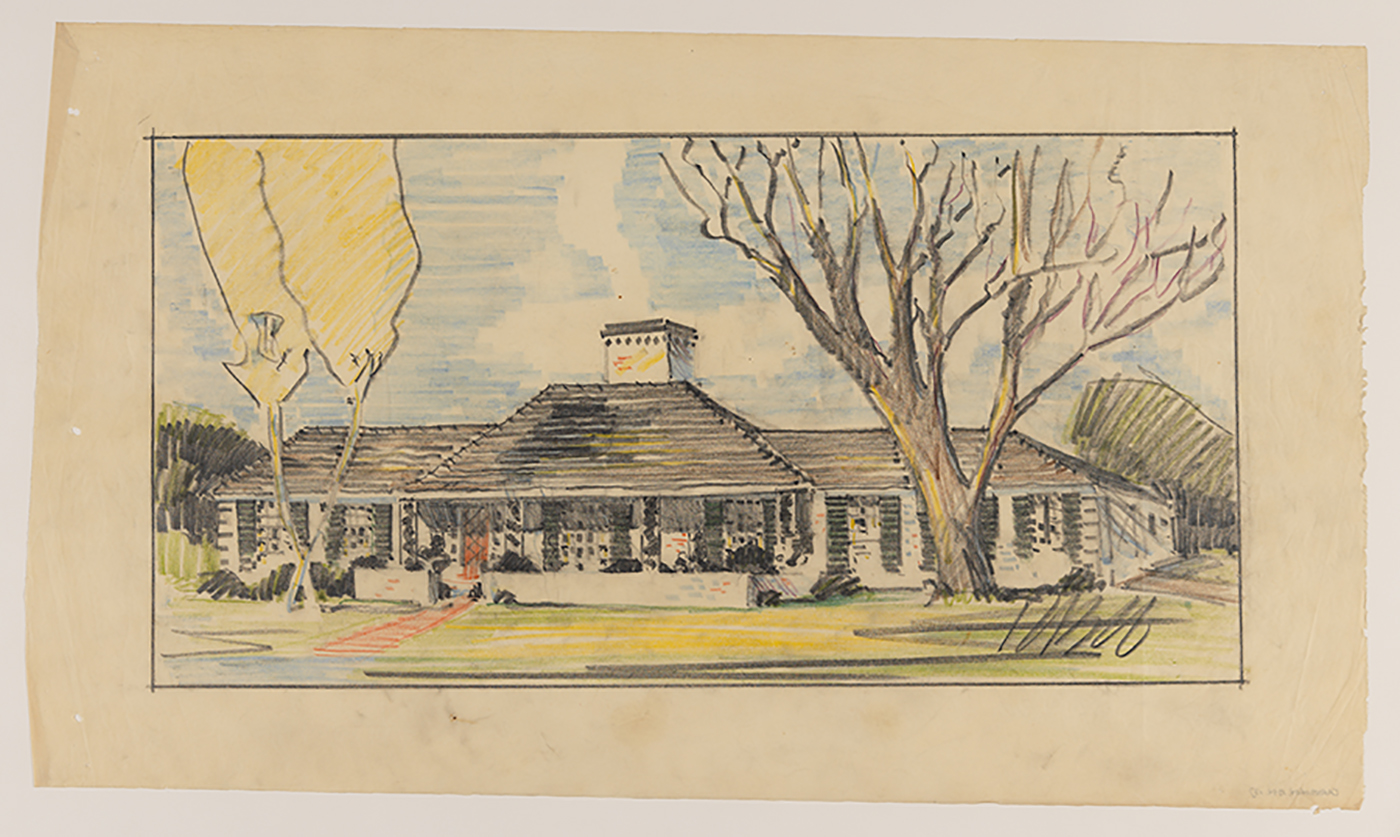 Drawing of the Ruegg House in Wellesley Hills, Mass.