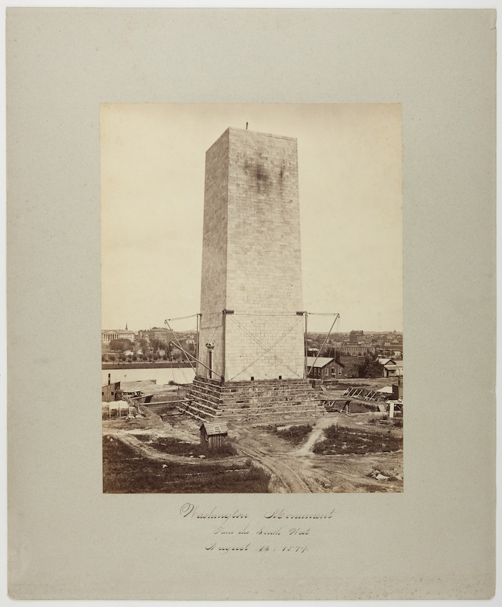 Washington Monument, mid-construction, view from the southwest