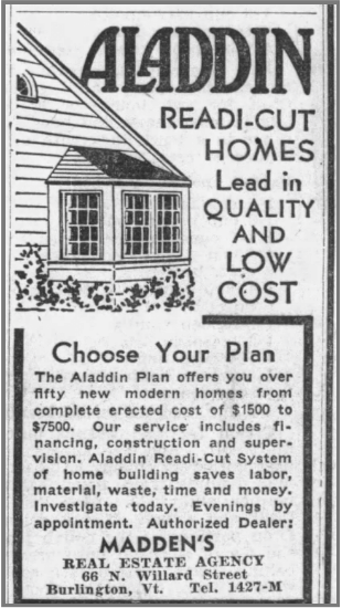 Newspaper ad for kit house, reading "Aladdin readi-cut homes. Lead in quality and low cost."