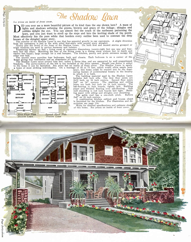 Page advertising kit houses. Top of page has floor plans. Bottom of page has color illustration of kit house.