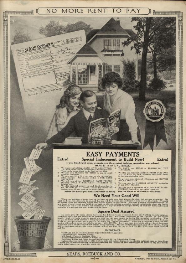 Full-page ad for Sears kit houses, reading "No more rent to pay."