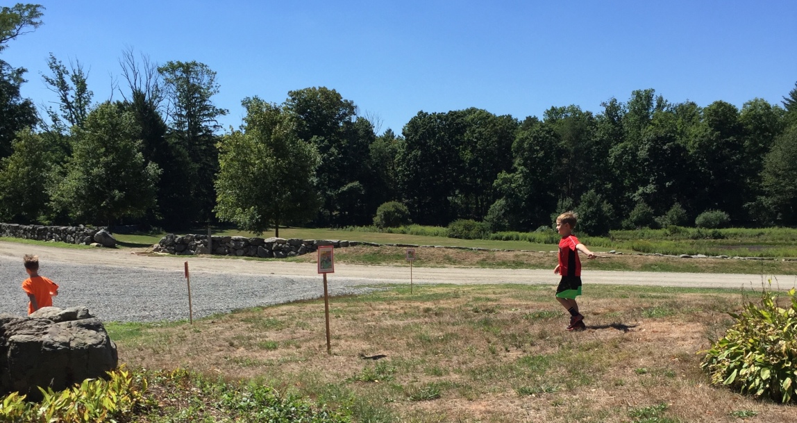 Two boys enjoy a StoryWalk on the grounds of the Codman Estate