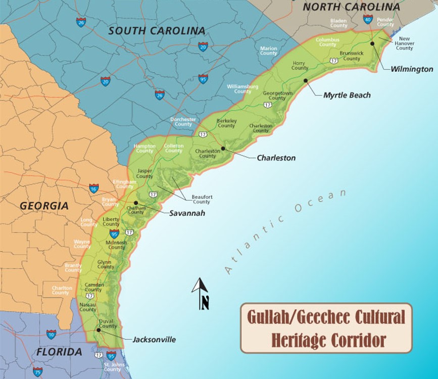 Map of the southeastern coast of the United States, from southern North Carolina down through northern Florida. The coast is highlighted in green to show the Gullah/Geechee Cultural Heritage Corridor.